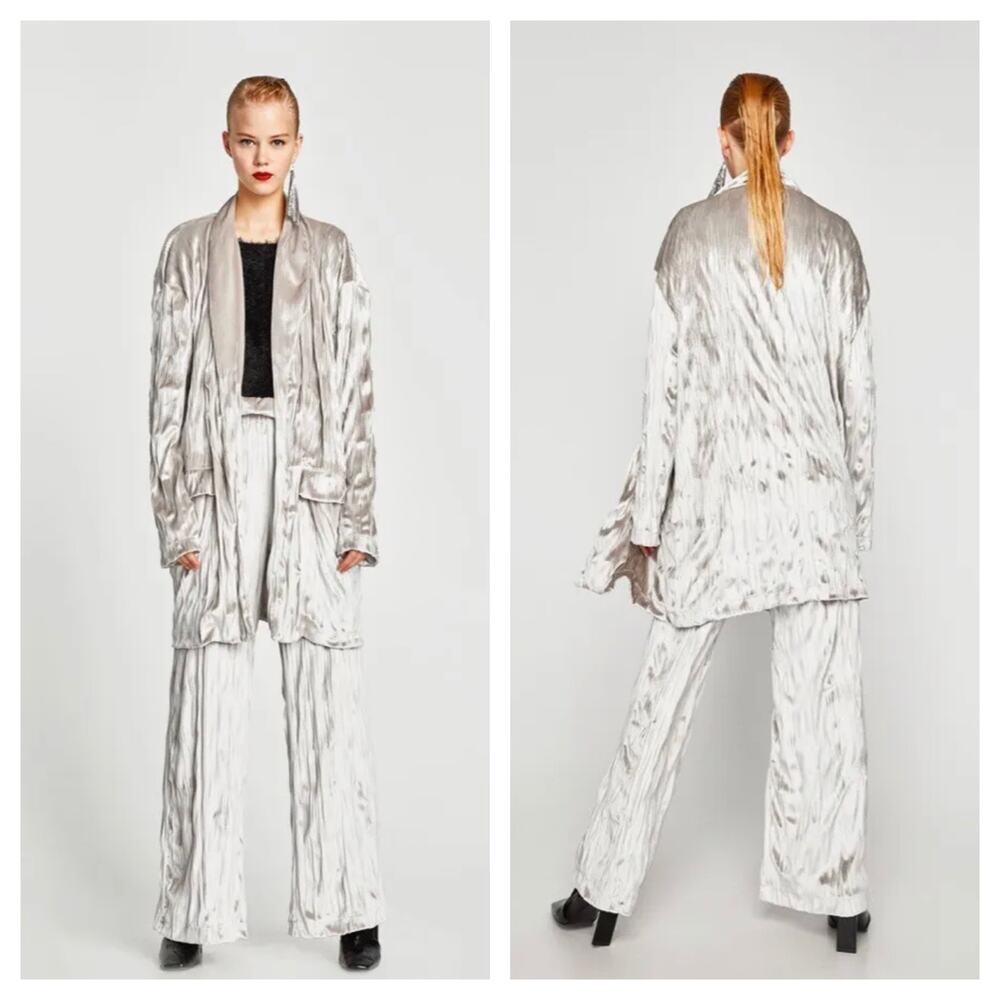 Zara Silver Velvet Draped Open Long Cardigan Duster Small Boho Festival